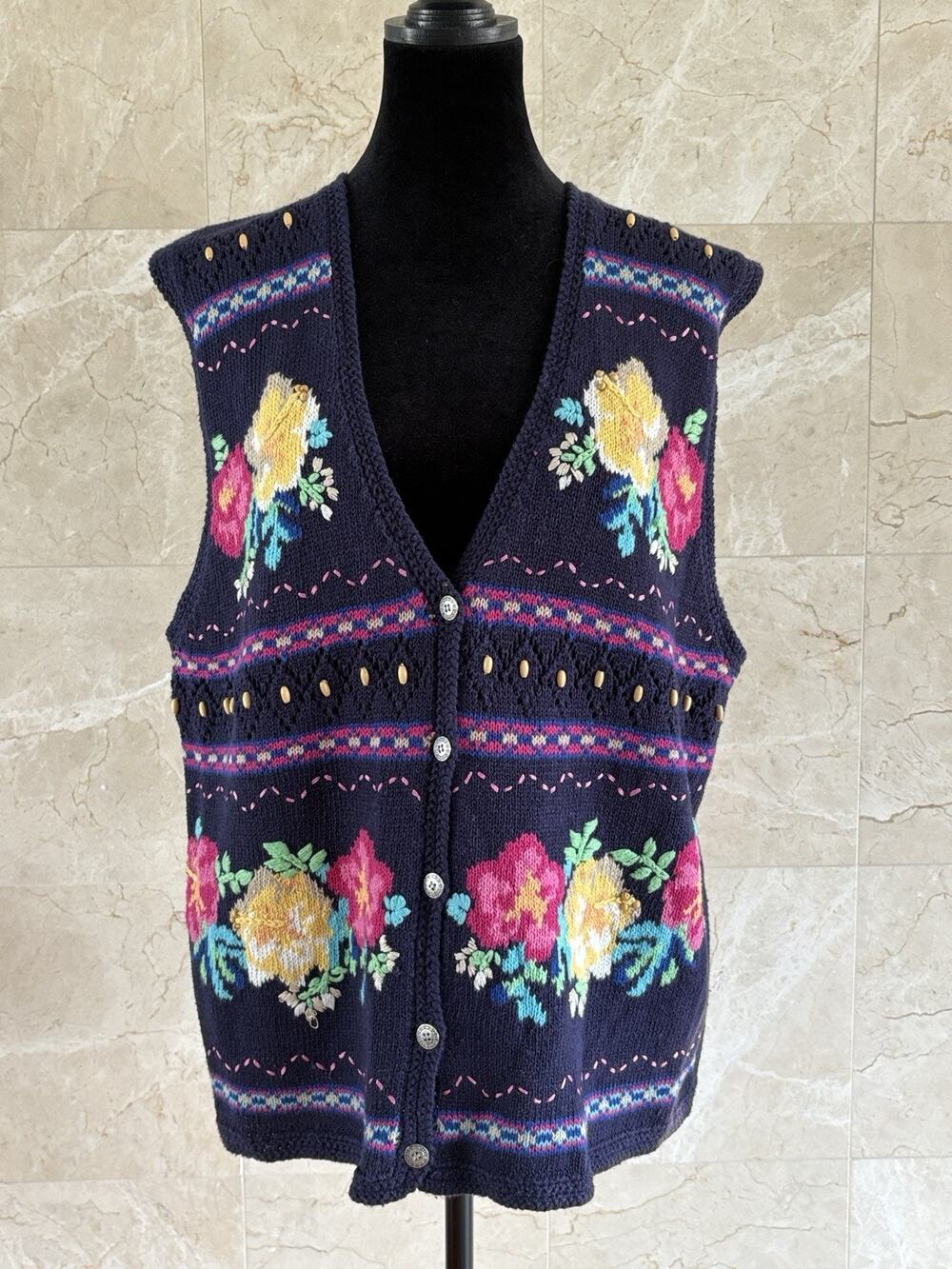 Vtg 90s Jantzen Hand Knit Vest - L Navy Floral Cottage Garden Grandmacore